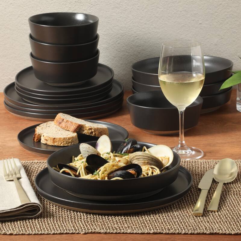 Gibson Elite Overbrook 16-Piece Pottery Clay Stoneware Stackable Dinnerware Set - Plates & Bowls, Reactive Glaze, Service for 4