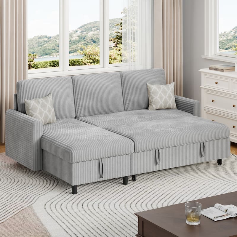 Futzca 3-in-1 Convertible Corduroy Sofa Bed with Storage, L-Shaped Sectional Couch