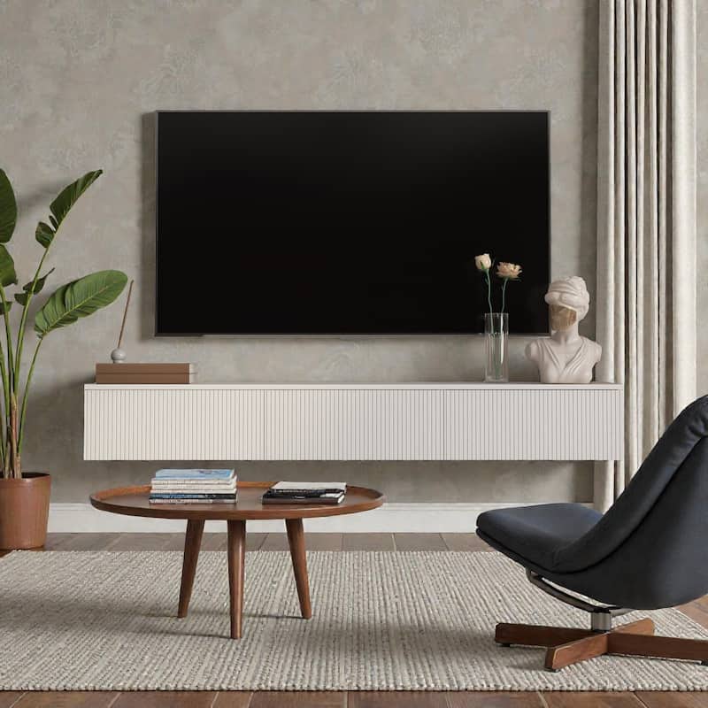 65" Floating TV Stand Wall Mounted with 16 Color LED Lights, Modern TV Cabinet for 55-65 Inch TVs - White