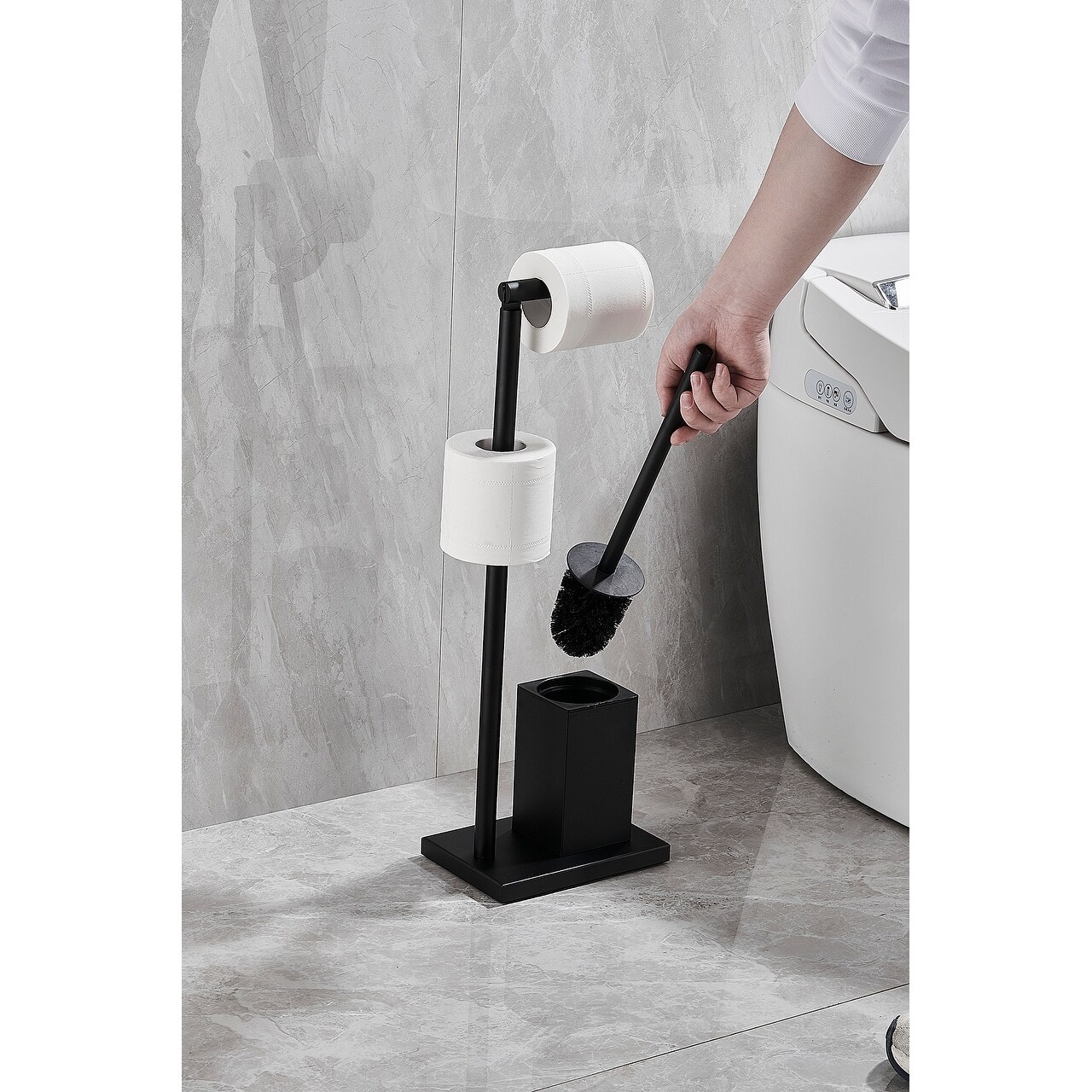 Freestanding Toilet Paper Holder With Brush in Matte Black - Bed