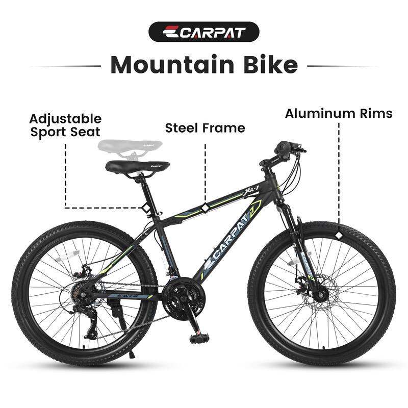 24 Inch Mountain Bike Boys Girls, Steel Frame, Shimano 21 Speed Mountain Bicycle with Daul Disc Brakes and Front Suspension