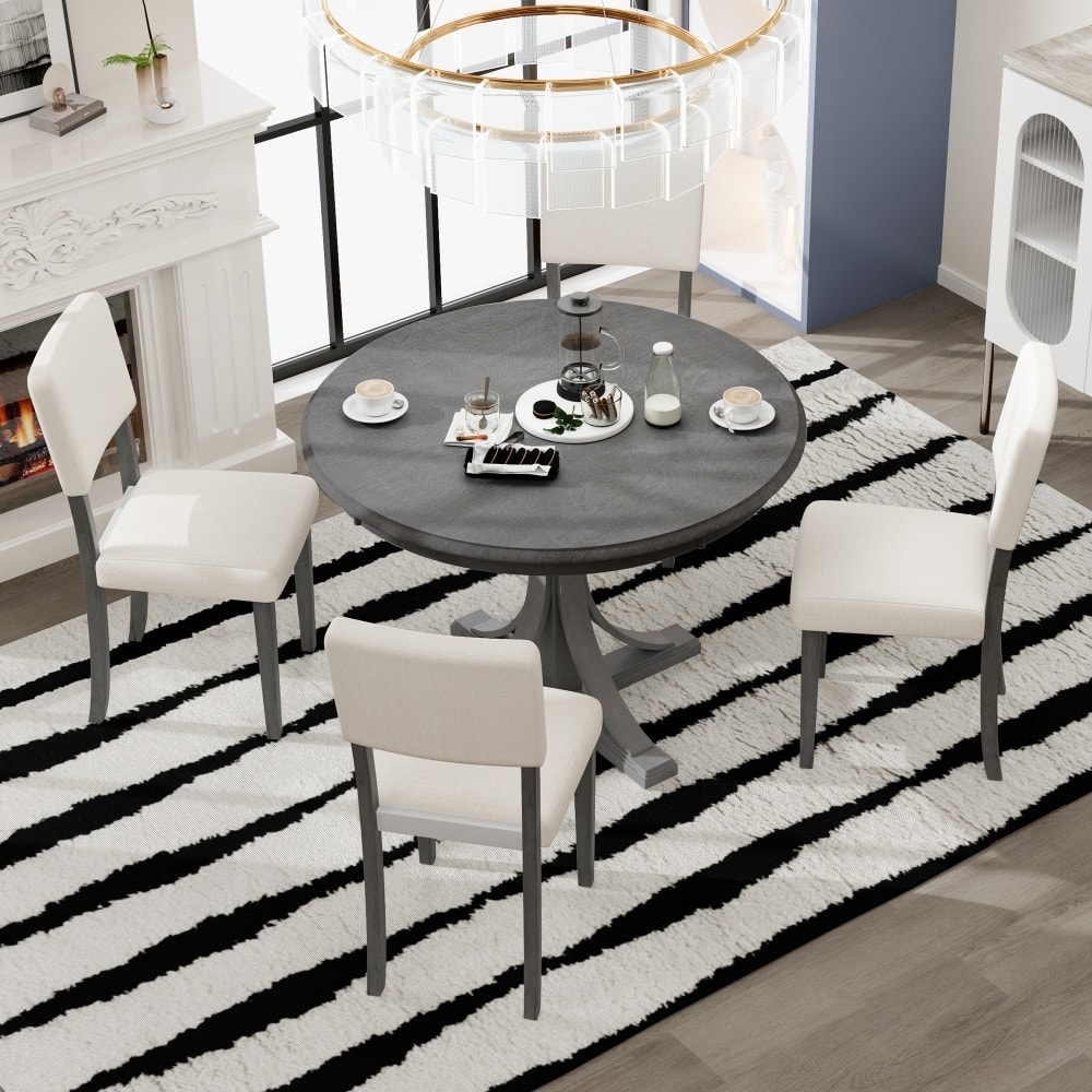Retro 5-piece Wooden Dining Set with Curved Trestle Table and 4 Upholstered Chairs