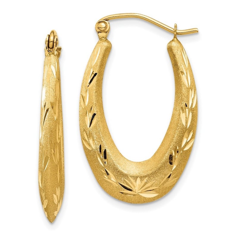 Curata 14k Yellow Gold Hinged Post Satin and Sparkle Cut Hollow Hoop Earrings - 27x16mm
