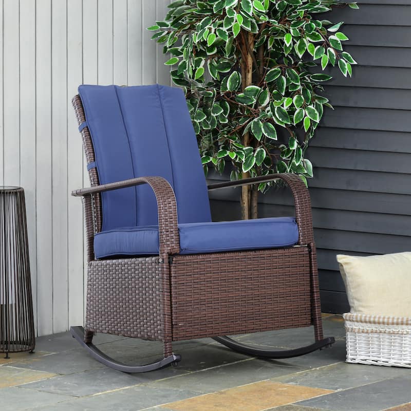 Outdoor Wicker Rocking Chair with Adjustment Backrest, PE Rattan Lounge Chair with Adjustable Footrest and Cushions