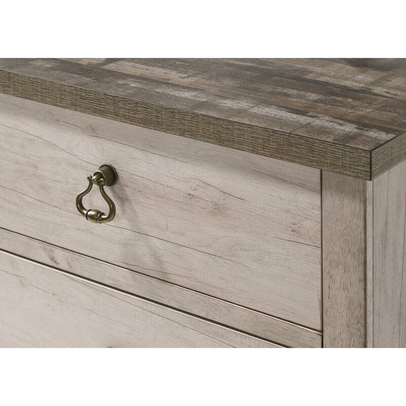 Distressed Driftwood Finish Nightstand with Weathered Brown Top and Ring Pull Hardware