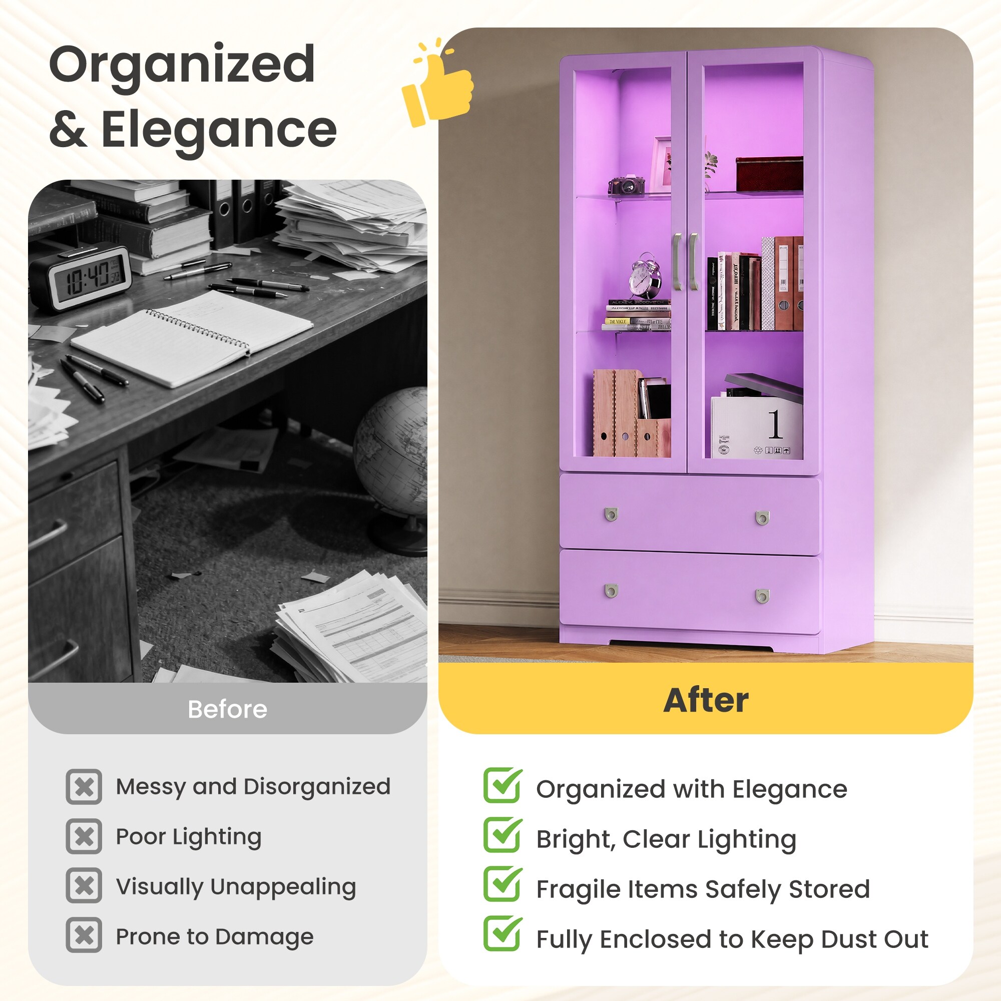 ディスプレイ多面ラックカッティングローズ 64'' Tall Display Cabinet with Acrylic Doors and LED Lights - N/A