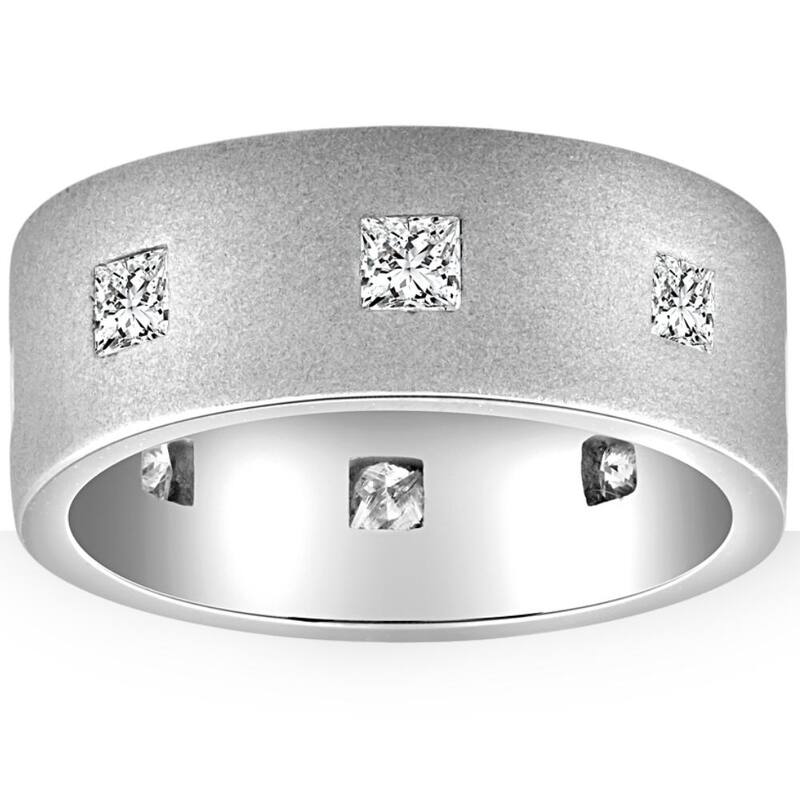 1ct Mens Princess Cut Brushed 8mm Flat Comfort Fit Wedding Ring