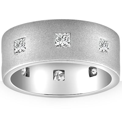 1ct Mens Princess Cut Brushed 8mm Flat Comfort Fit Wedding Ring