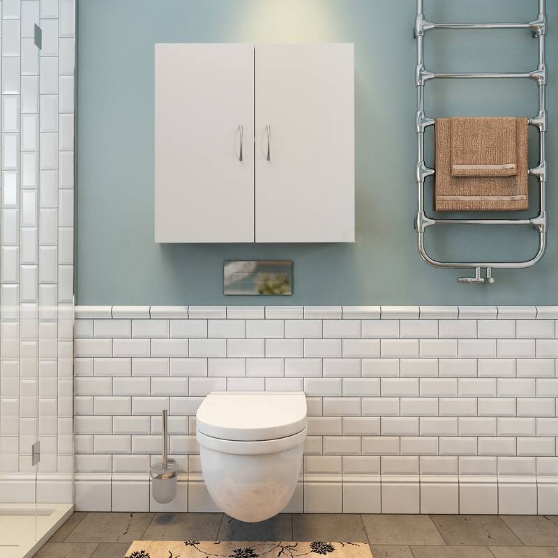 Wall Mount Bathroom Wood Cabinet with Adjustable Shelf and Double Doors | Medicine Organizer Storage Furniture