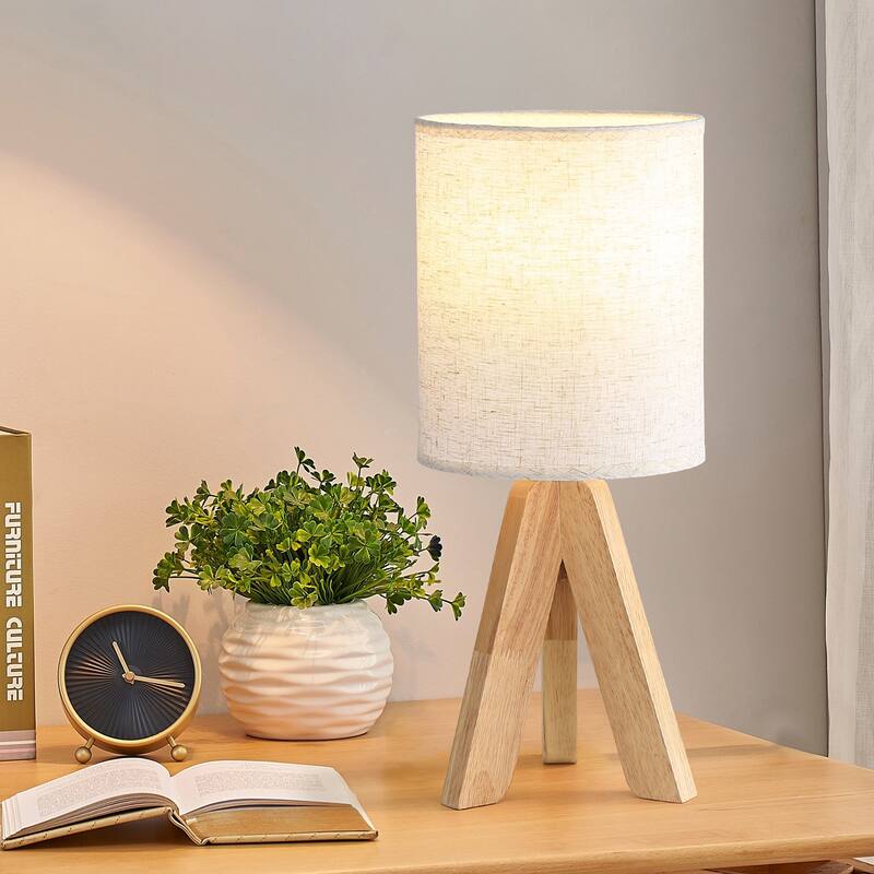 Modern Wood and Linen Table Lamp with Rocker Switch - Natural Wood & Beige Fabric Shade (No Bulb Included)