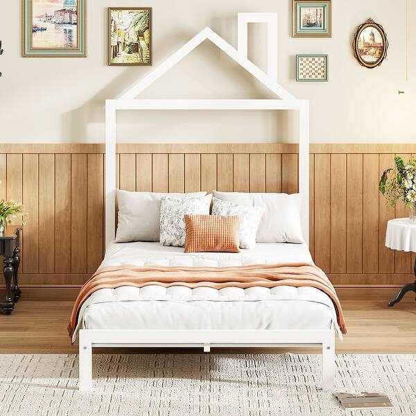 slide 2 of 48, Metal Platform Bed with House-Shaped Headboard Design White - Twin