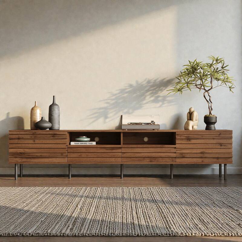 78.7" Modern Walnut TV Stand for TVs up to 85 Inch, Entertainment Center with Slatted Doors, Soft-Close Hinges