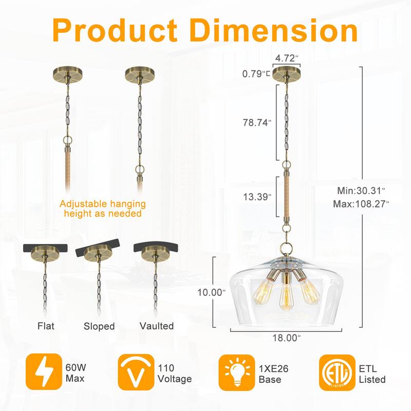 Modern 3-Light Clear Glass Pendant Chandelier for Kitchen Dining Room - Dia.18-in