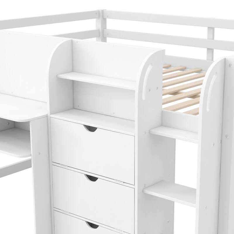 Full Size Low Loft Bed with Desk,Storage Cabinets,Open Bookcase & Whiteboard,Space-Saving Design for Kids,No Box Spring Needed