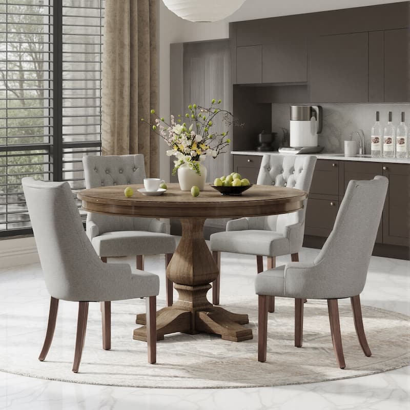 Wingback Upholstered Dining Chairs, Fabric Side with Tufted Button - Set of 4 - LightGrey