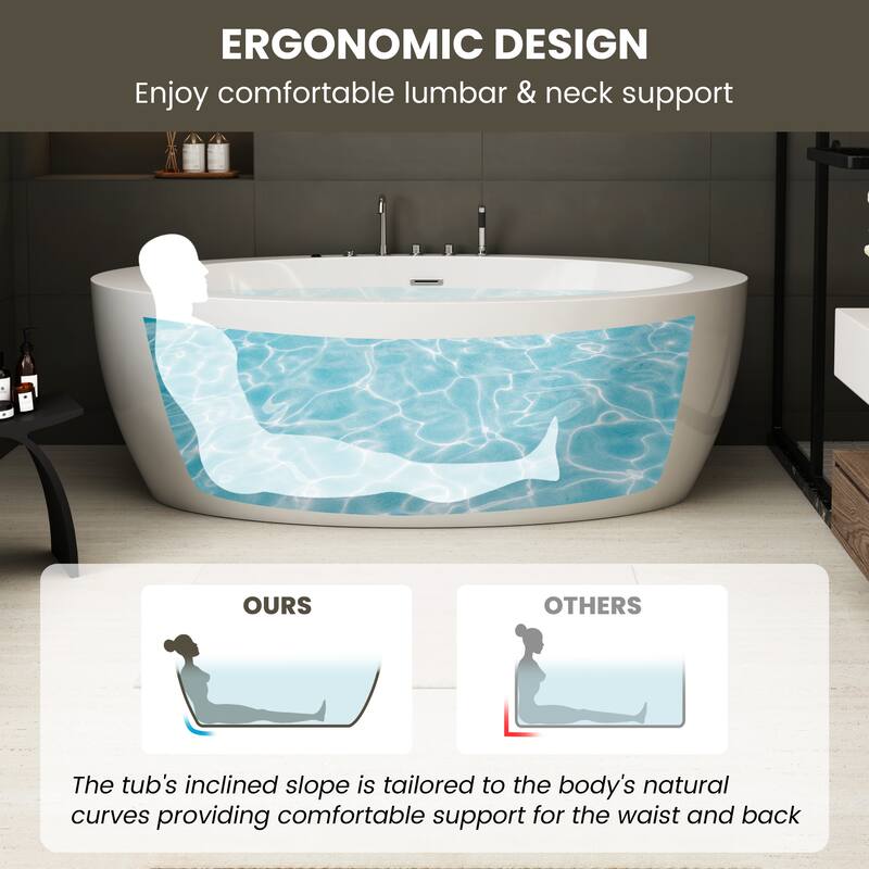 71 in. Freestanding Acrylic Whirlpool Bathtub with 6 Jets, Chromatherapy LED Lighting, 4-Hole Faucet Kit, Center Drain
