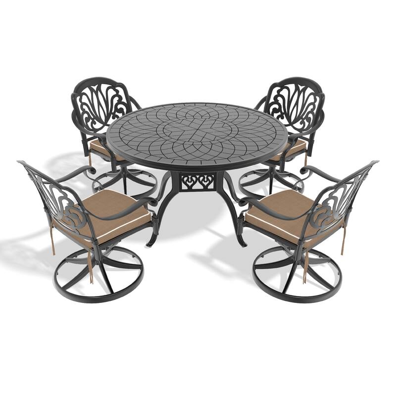 5 Pcs Aluminum Outdoor Dining Set, All-Weather Patio Furniture Set with 4 Cushioned Swivel Rocker Chairs and Round Table
