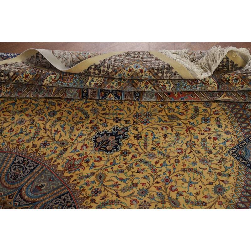Hand Knotted Oriental 100% Silk Carpet Traditional Floral Yellow & Gold Qum Area Rug - 10' 2'' X 6' 5''