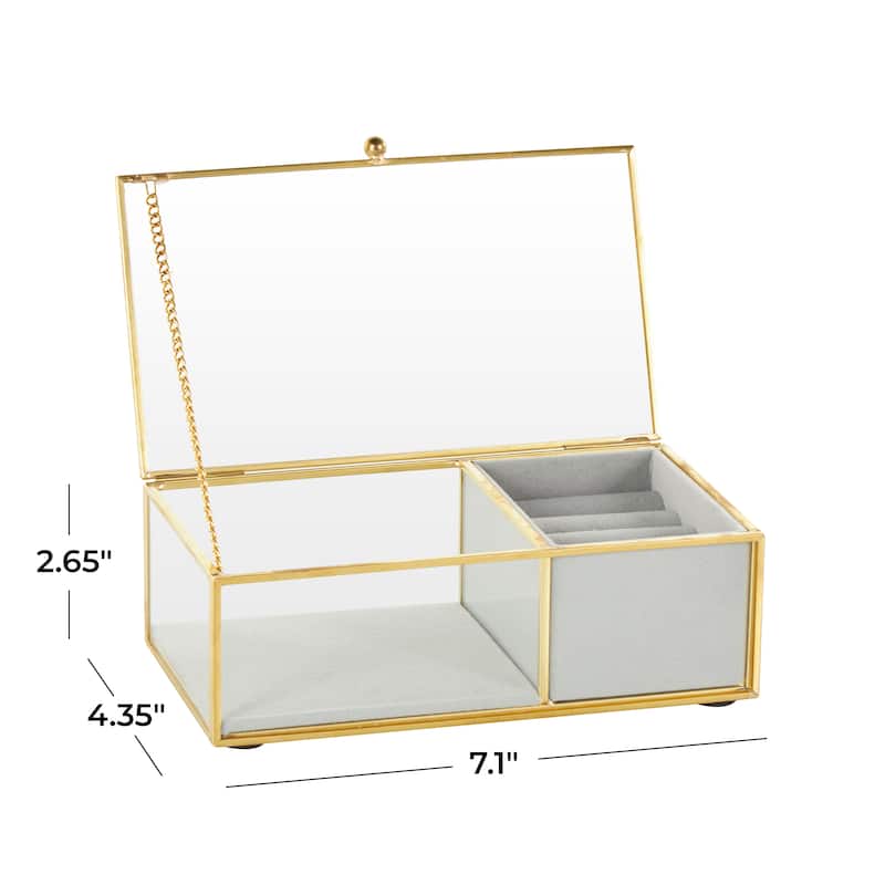 Clear Glass Jewelry Box with Gold Metal Frame and Gray Fabric Interior with Ring Slots