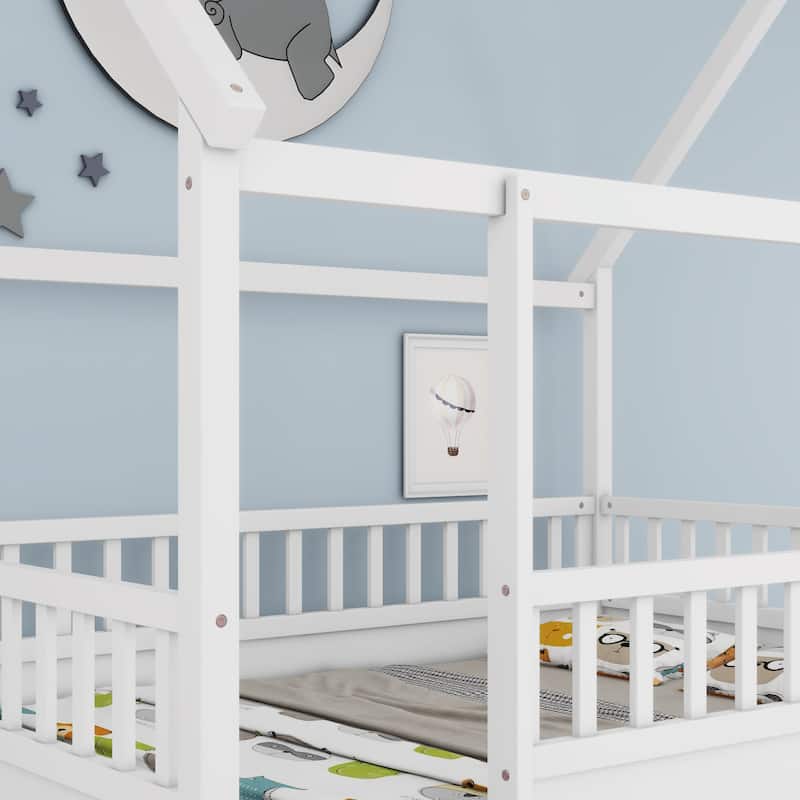 Full Kids Floor Bed with Fence Railings Wooden Montessori Bed Frame