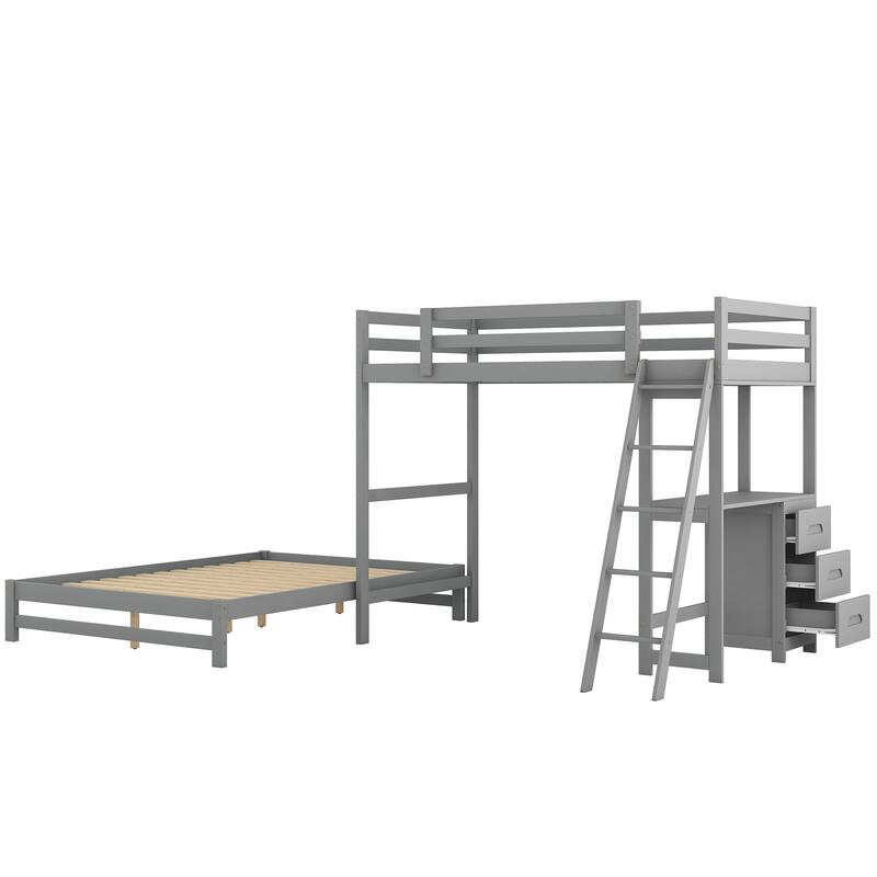 Twin Over Full Solid Wood Bunk Bed with Built-in Desk and Three Drawers