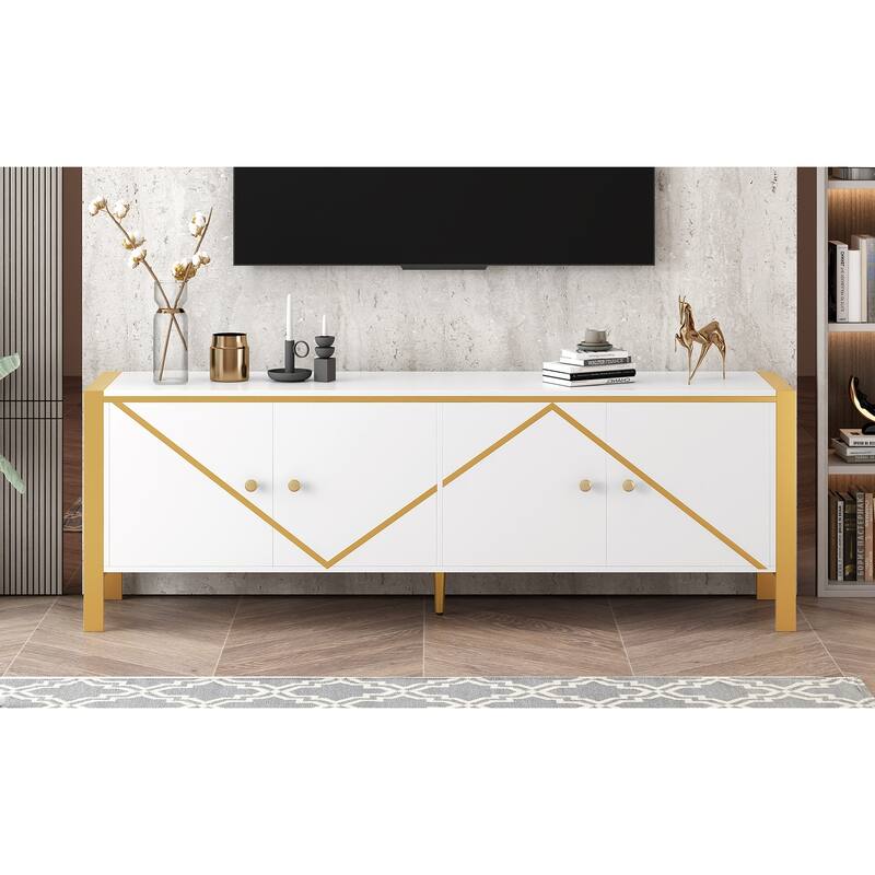 Modern Luxury TV Stand with 2 Spacious Storage Shelf, Adjustable Shelves and 4 Golden Legs for Living Room
