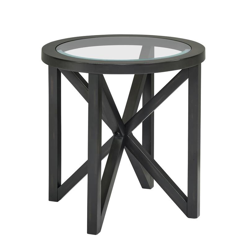 Anmytek Round Glass End Table Modern Black X Frame Accent Side Table for Living Room Bedroom