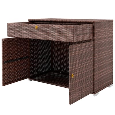 Mixed Brown PE Rattan Outdoor Storage Cabinet with Drawer and Doors - 39.25" L x 19.75" W x 33" H