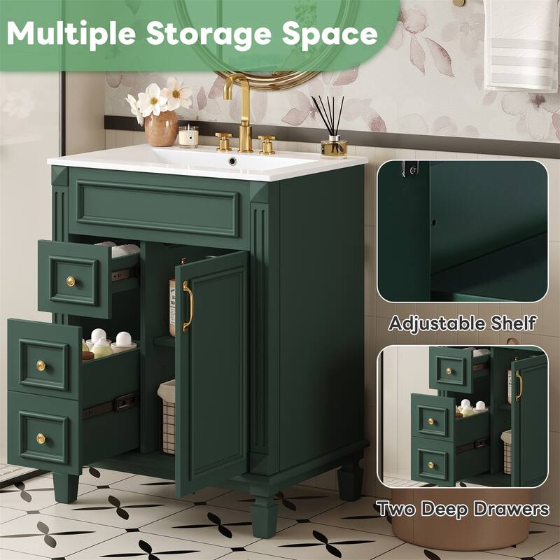 24" Bathroom Vanity with Ceramic Sink with 2 Drawers and Adjustable Shelf