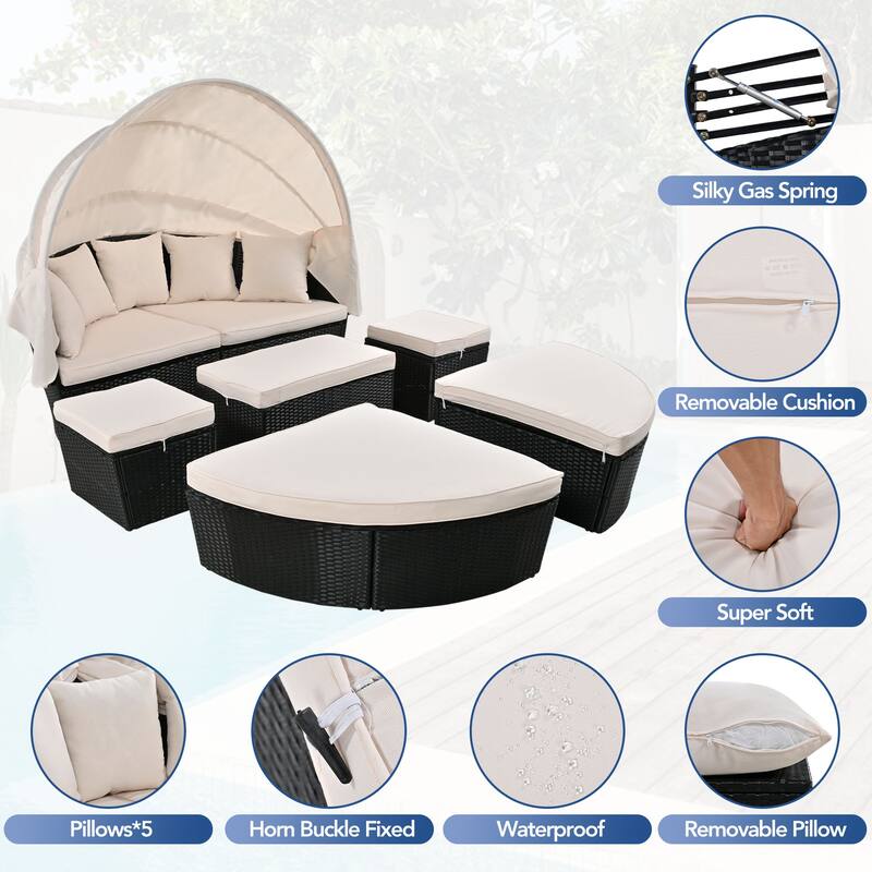 Modern Round Outdoor Rattan Sofa Bed with Retractable Canopy, Convertible into Coffee Table, Suitable for Patio and Outdoor Pool