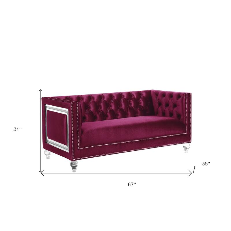 HomeRoots 67" Burgundy And Silver Velvet Loveseat and Toss Pillows