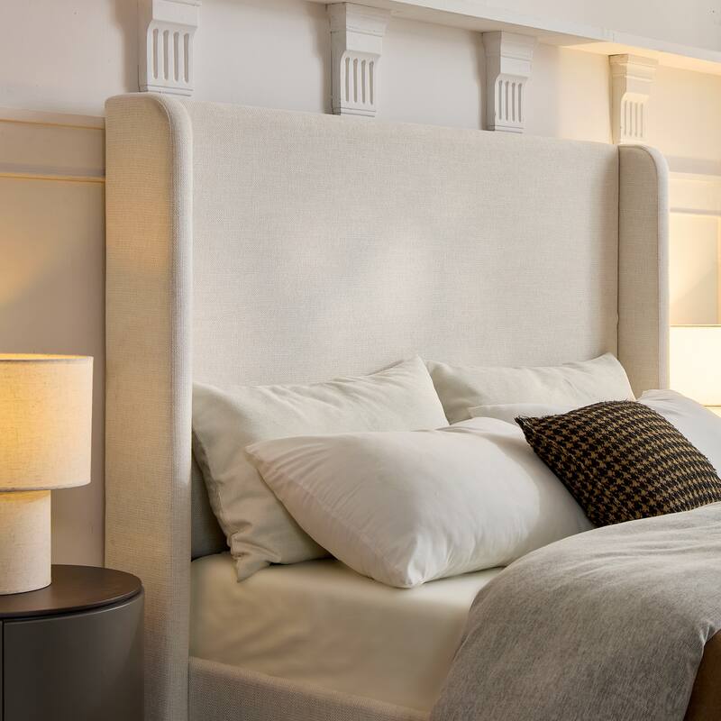 Tall Headboard Wingback Upholstered Platform Bed Frame Elegant Textured for Bedroom Strong Wood Slats Support
