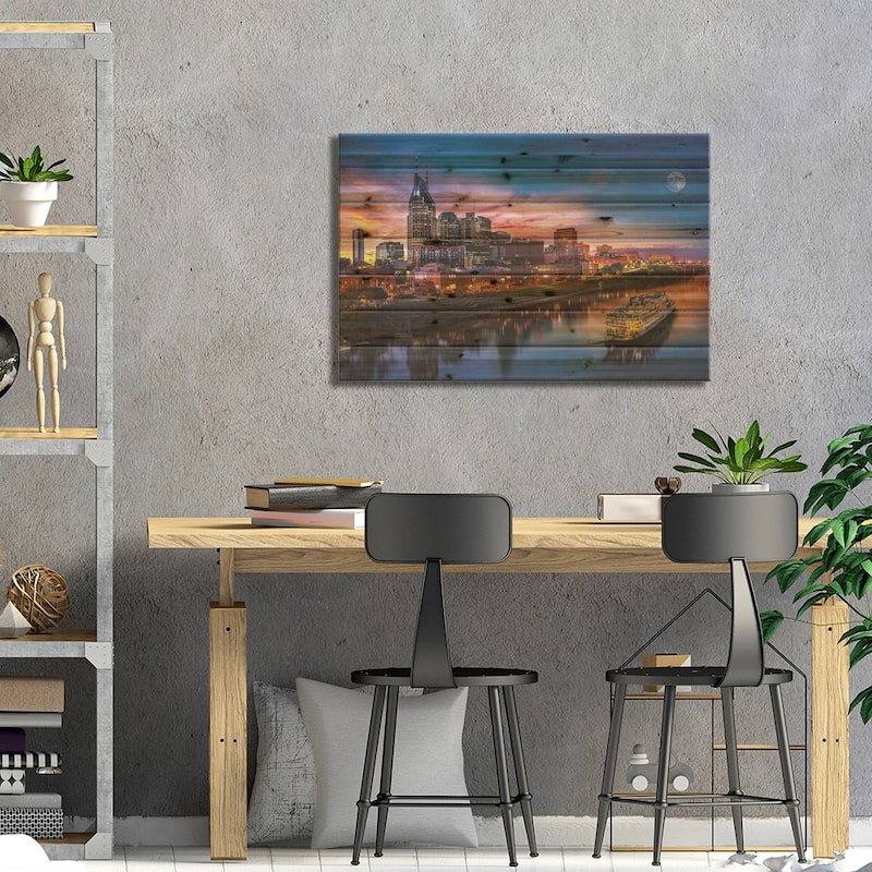 Moon Over Nashville Print On Wood by Jonathan Ross Photography - Multi-Color