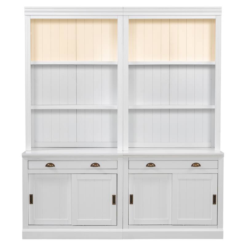 2-Piece Freestanding Bookcase Set, 83.4" Tall Storage Bookshelf with LED Lights, Sliding Doors, Drawer & Open Shelves