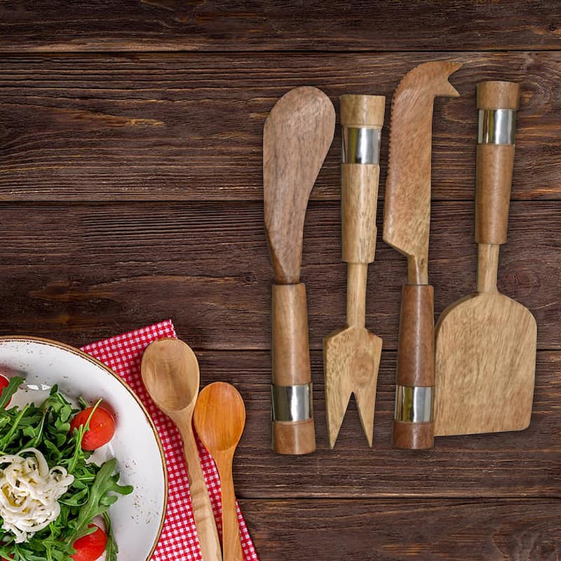 IH Casa Decor Natural Acacia Wood With Hammered Nickel 4 Pc Cheese Cutlery Set - Brown