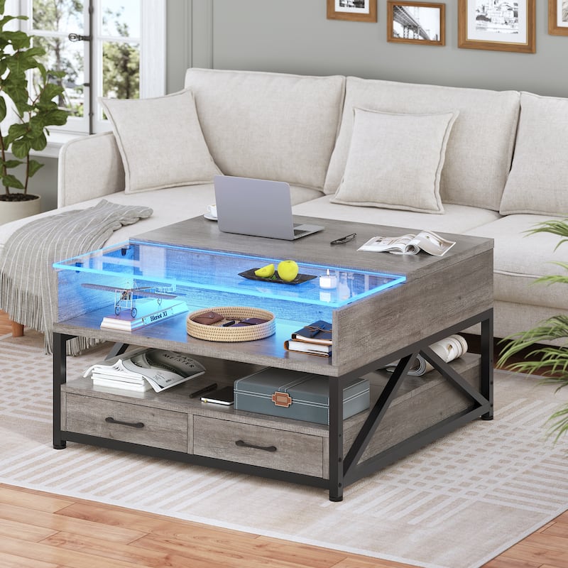 Coffee Table Lift Top 2 Drawers Hidden Compartment for Living Room