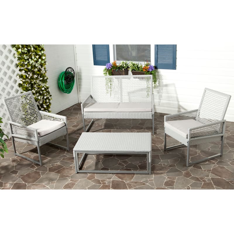 SAFAVIEH Outdoor Ettje Mesh Back Wicker Cushion 4-Piece Patio Set - 43W x 23D x 34H - Grey/Beige