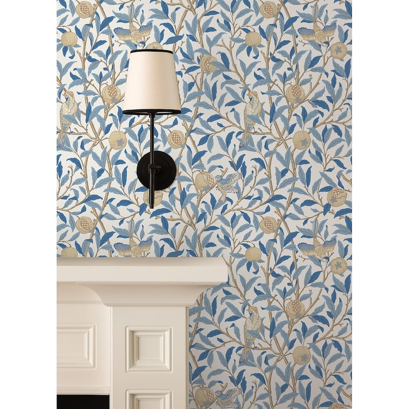 Bird and Pomegranate Woad Peel and Stick Wallpaper