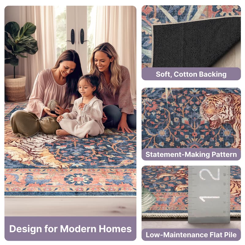 Well Woven Apollo Botanical Tiger Modern Flat Pile Stain Resistant Rug