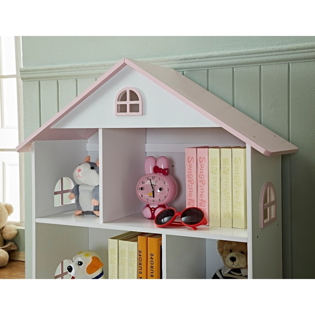 White dollhouse bookcase with pink hot sale roof