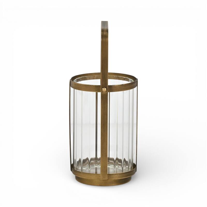 Vortial Fluted Glass Candle Lantern with Gold Metal Frame