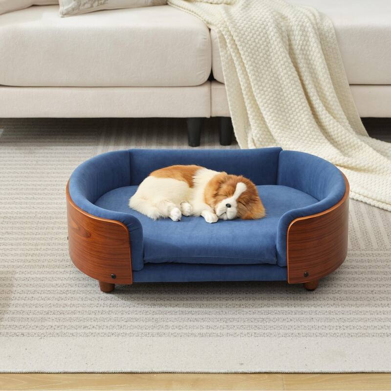 Scandinavian Velvet Pet Sofa with Wood Legs & Curved Back - Medium
