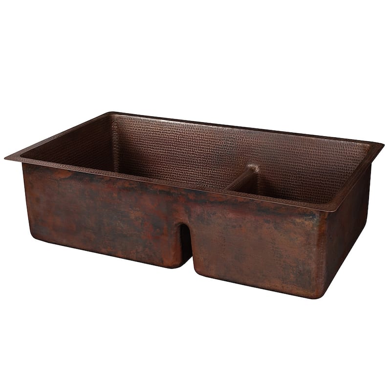 33-in Hammered Copper Kitchen 60/40 Double Basin Sink with Short 5-in Divider w/ Accessories (KSP3_K60DB33199-SD5)