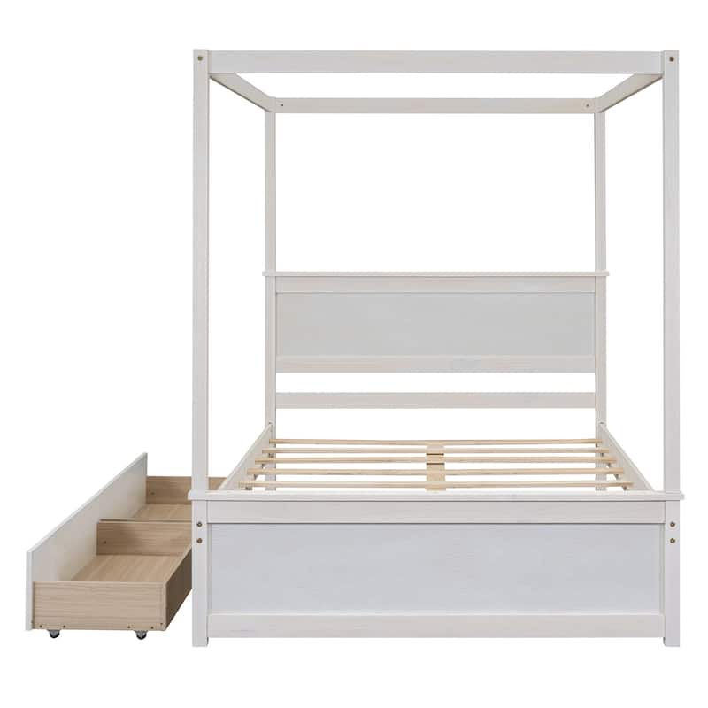 White Full Canopy Platform Bed in Wood with Drawers - MDF & Pinewood Support Slats