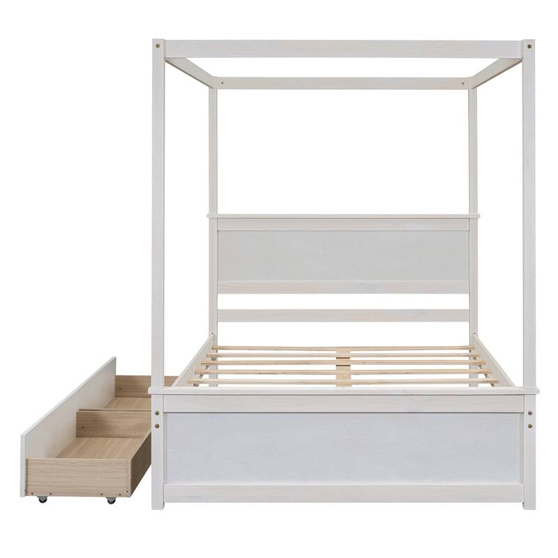White Pine Wood Canopy Platform Bed with 2 Drawers