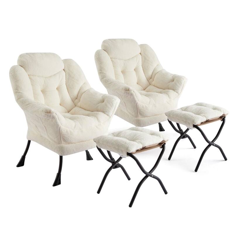 2Pcs Lazy Chair with Ottoman, Modern Lounge Accent Chair,Leisure Sofa Armchair with Footrest,Reading Armchair - Beige