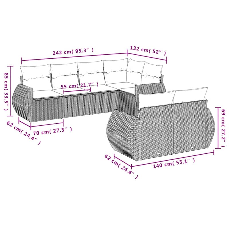 vidaXL 7 Piece Patio Sofa Set with Cushions Black Poly Rattan - 28 x 24.4 x 27.2