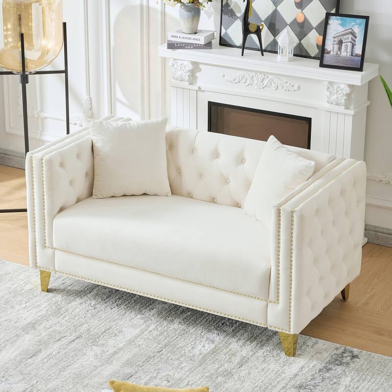 Roomfitters 58" Modern Tuxedo Loveseat with Buttoned Back and Gold Legs, Upholstered Couch with Double Nailhead Trim