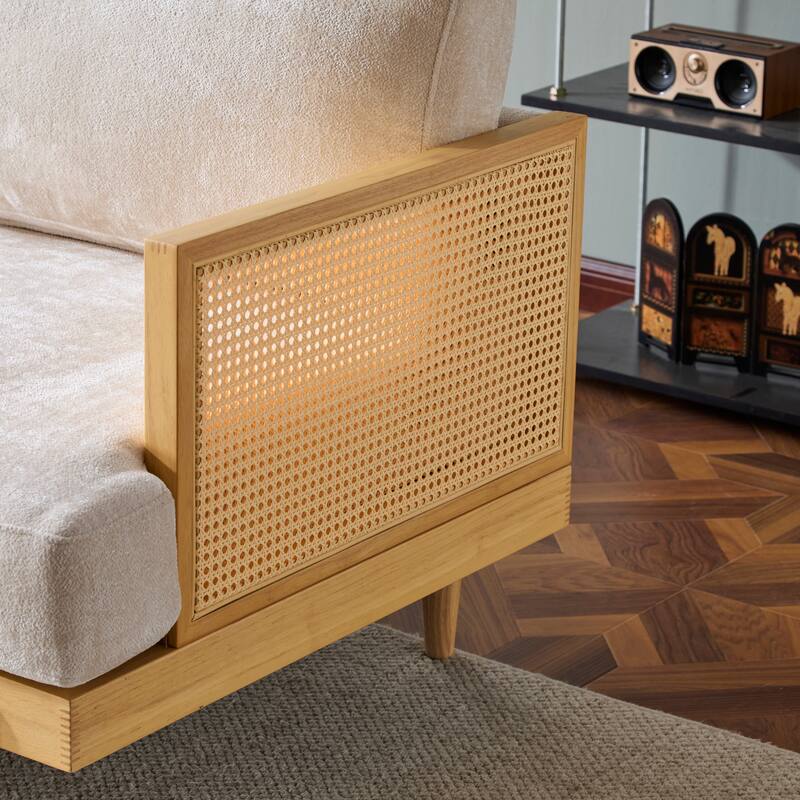 Minimalist Sofa Couch with Rattan Armrests, 3-Seater Sofa Couch Natural Beige Settee Couch with Wood Legs