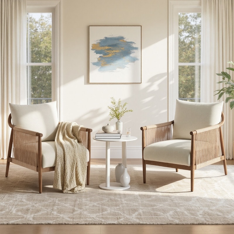 Spruce & Spring Boho Braided Accent Chair with Angled Arms and Plush Cushions